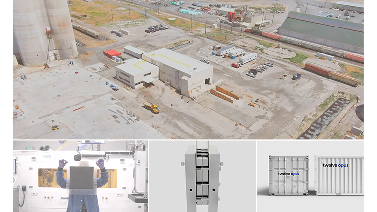 The first manufacturing plant under construction and the Opus™ CO<sub>2</sub> electrolysis system developed by Twelve