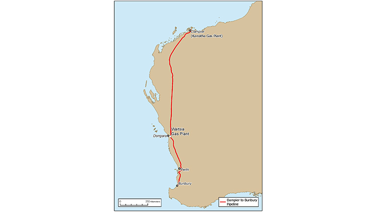 ウェイトシアガス田(Dongara(ドンガラ))、NWS JV(Dampier(ダンピアー))、両社を繋ぐパイプラインの位置